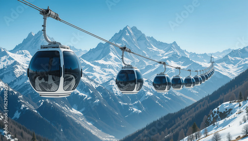 Gondola bubbles against the blue sky and the French Alps in the background.