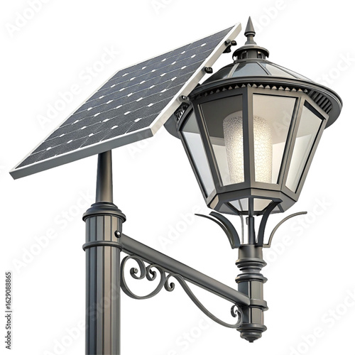 Elegant solar-powered vintage street lamp illuminates modern sustainable urban design