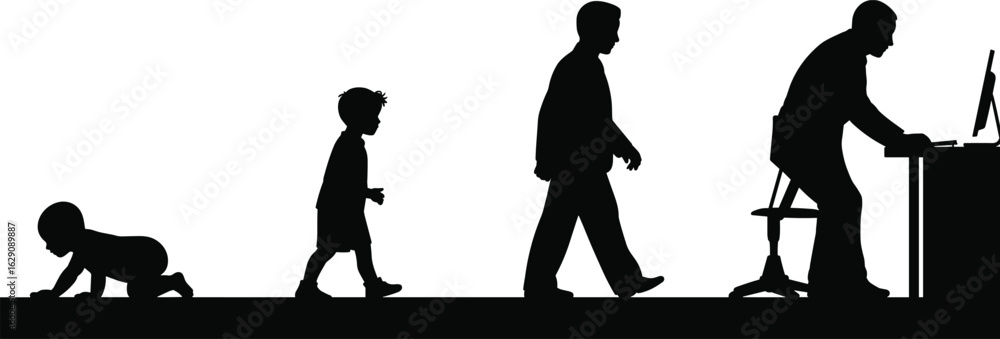Naklejka premium Silhouette of male life stages from crawling baby to working adult at computer, career evolution concept, flat vector illustration .eps