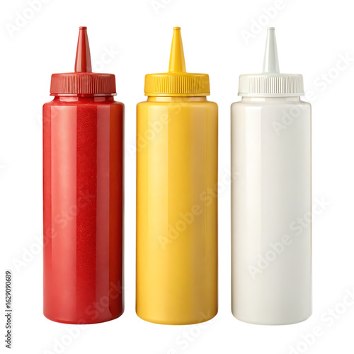 Three squeeze bottles of ketchup mustard and mayonnaise isolated on transparent background