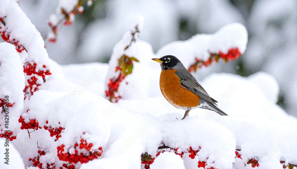 American Robin perched on snow-covered berries American Robin perched on snow-covered berries