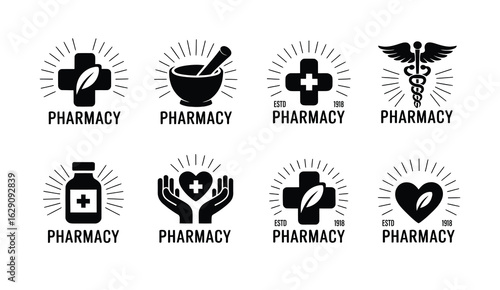 A set of eight minimalist pharmacy logo designs. Collection of medical and healthcare icons for branding.