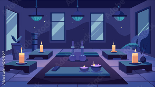 A dimly lit gymnasium transformed into a calming oasis with the addition of flickering candles perfect for a candlelit stretching class.. Vector illustration