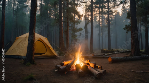 Scout Tent and Campfire in Misty Pine Forest at Golden Dawn