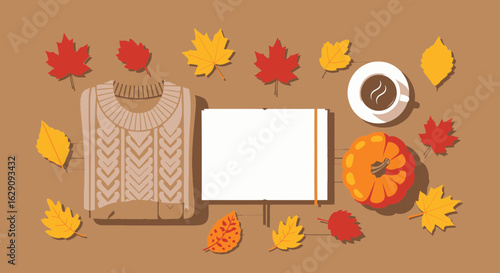 Cozy autumn flat lay illustration with a knitted sweater open book coffee pumpkin and colorful leaves.