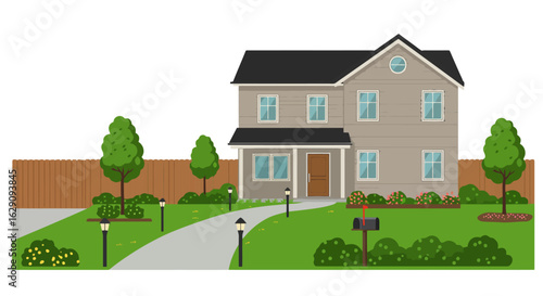 Suburban Home Illustration with Landscaped Yard