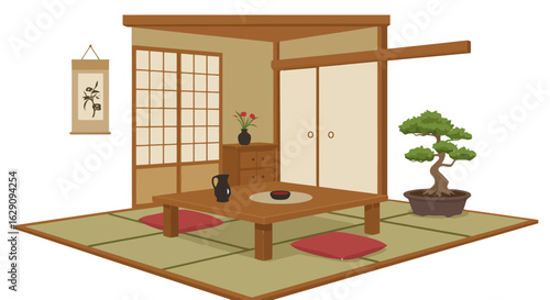 Serene Japanese Room with Tatami and Bonsai