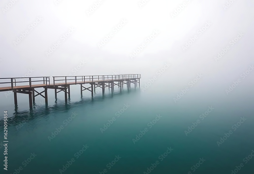 Naklejka premium Foggy lake pier water landscape nature mist bridge tranquil scenic calm peaceful serene horizon