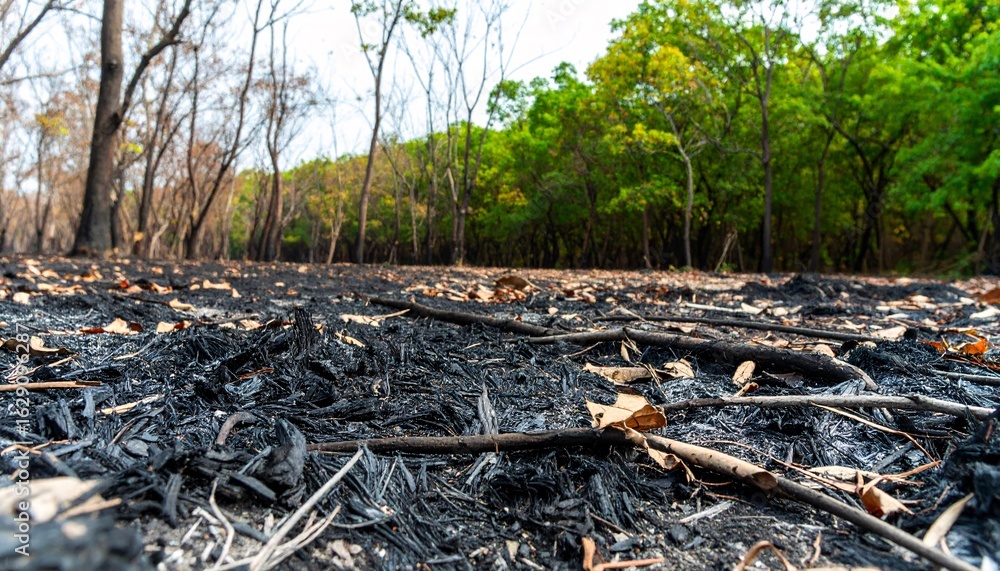 Obraz premium Forest fire has burned down a large area of trees. The ground is covered in ash and debris