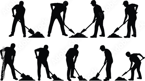 Construction workers digging with shovels, silhouette collection, labor force, manual work, industrial effort, black vector design, flat vector illustration.eps