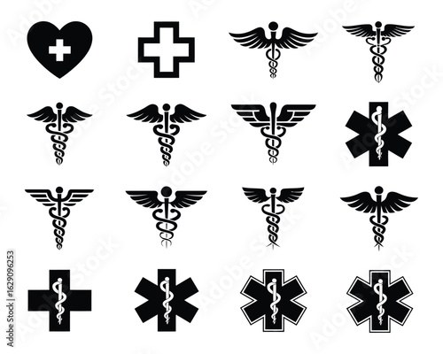 Medical icons illustration, minimalist vector set with caduceus symbol health crosses and hearts, clean healthcare graphic created for medical branding and informational design use.