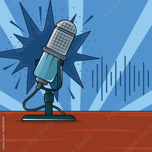 Retro microphone on a stand vector illustration template graphic design. Sound Wave Graphic Burst Background Podcast and Recording for entertainment concept with beautiful cartoon style