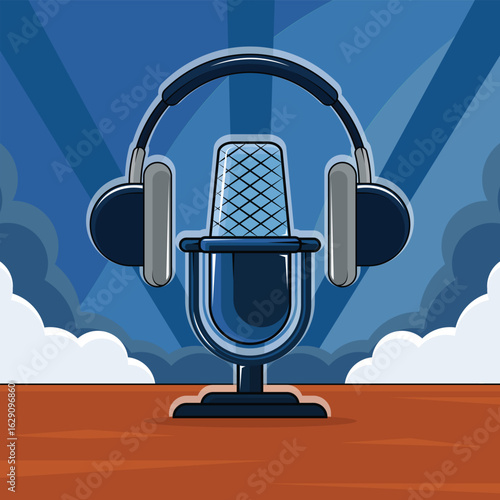 Retro microphone and headphones vector illustration template graphic design. recording streaming or listening to audio Podcast Equipment for entertainment concept with beautiful cartoon style
