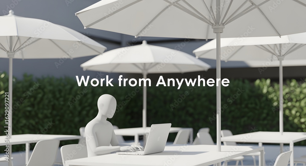 Fototapeta premium Modern Outdoor Workspace with a Person Working on a Laptop Under Large White Umbrellas