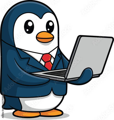Cartoon penguin in business suit holding laptop, smart professional, technology use, office work, corporate penguin, digital business, funny anima