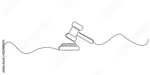 Continuous line drawing of a judge’s gavel, symbolizing law, justice, or legal decisions. Minimalist design suitable for court, legal services, auction, or authority-related concepts.