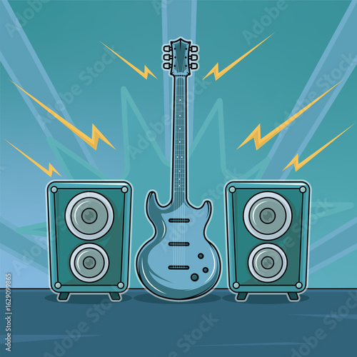 Electric guitar and speaker vector illustration template graphic design. Rock and Roll Concert Equipment Live Music Lightning Effect for entertainment concept with beautiful cartoon style