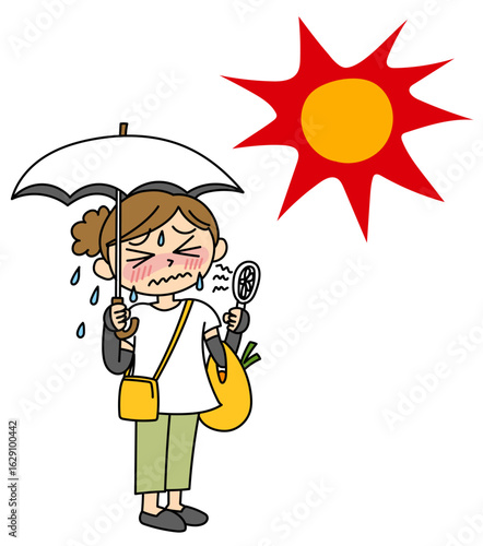 暑さで汗だくの女性と夏の日差しのイラスト ベクター