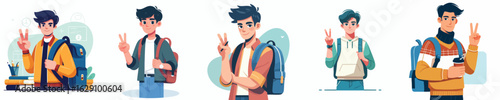 Teen Boys Making Peace Sign with Backpacks – Vector Cartoon Collection
