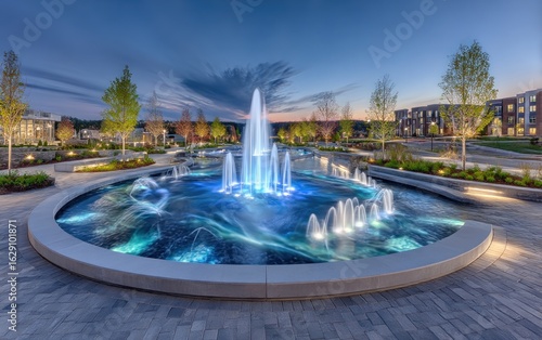 Illuminated fountain at dusk in a modern urban plaza