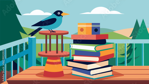 A collection of bird watching books piled up on a small table on a balcony providing a wealth of information for avid bird watchers..