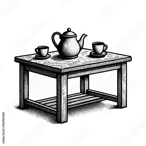 Vector art of teapot and cups on table illustration isolated on white background