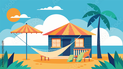 A breezy beach house where a person can take a break from the sun and nap in a hammock under the shade of a large umbrella..