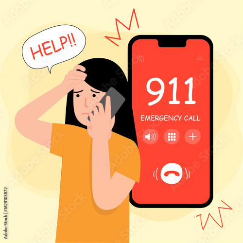 Girl in Urgent Situation Calling 911 Concept