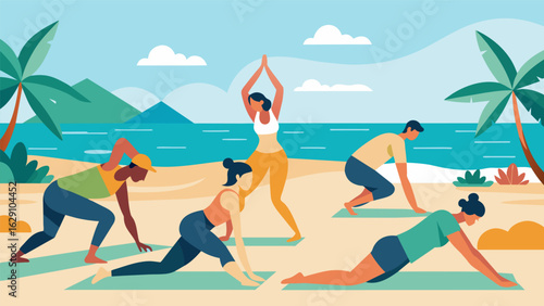 A beachside workout class incorporating gentle stretches and movements to aid in recovery from intense workouts or to simply unwind and destress.. Vector illustration
