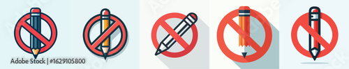 No Pencil Icon Set – Prohibition Signs in Flat Vector Style
