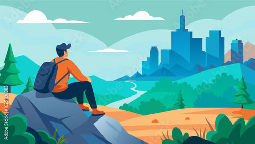 A hiker takes a break on a busy trail sitting on a rock overlooking the bustling city below enjoying the peacefulness of nature before returning to.