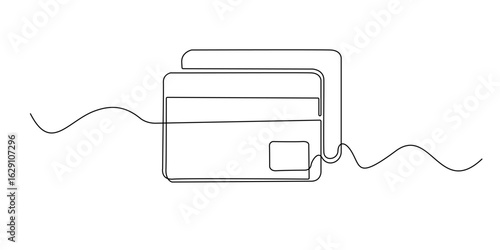 continuous line drawing of a credit card, symbolizing digital payment, banking, or finance. The simple overlapping cards reflect modern, secure, and minimalist transaction methods.