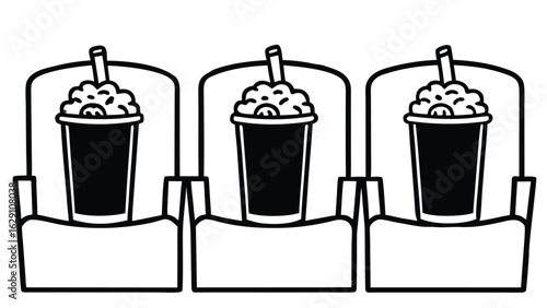 Vector art of three movie theater seats with popcorn and drinks isolated on white background