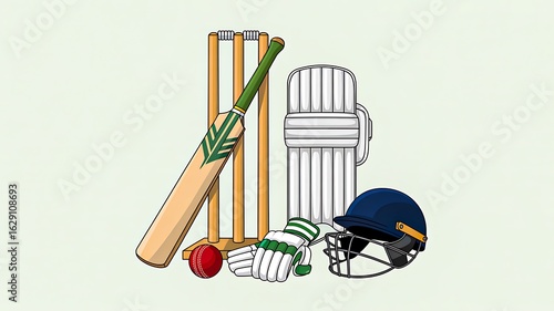 Cricket equipment illustration including bat, ball, stumps, gloves, helmet and pads on light background
