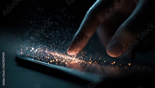 A Luminous Touch Ignites a Swirl of Digital Stardust on a Dark Screen.