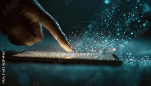 A Luminous Touch: Finger Ignites a Swirl of Glowing Digital Particles