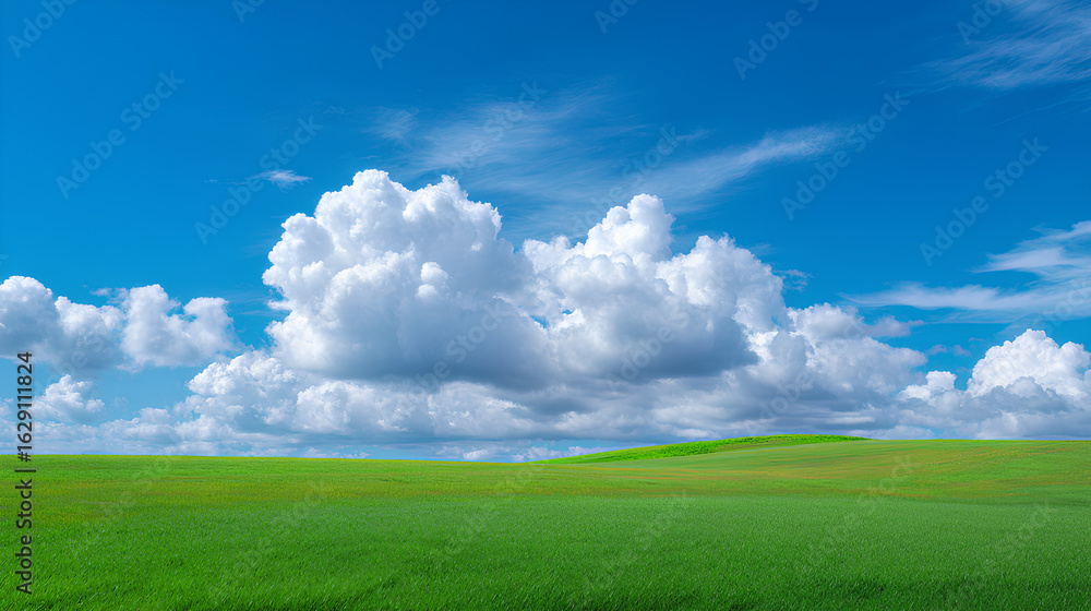 Lush Green Field Under Bright Blue Sky with Fluffy White Clouds in the Background Lush Green Field Under Bright Blue Sky with Fluffy White Clouds in the Background