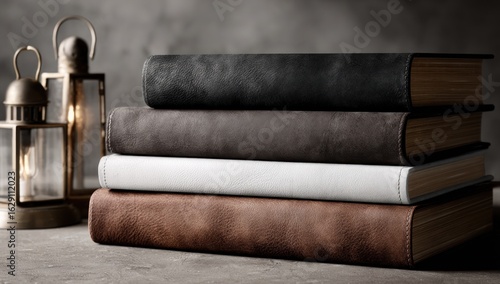Wallpaper Mural A Quiet Study: Stack of Textured Leather Books by a Lantern's Glow Torontodigital.ca