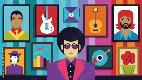A collection of musicthemed art lines the walls including posters paintings and figurines of iconic musicians. Vector illustration