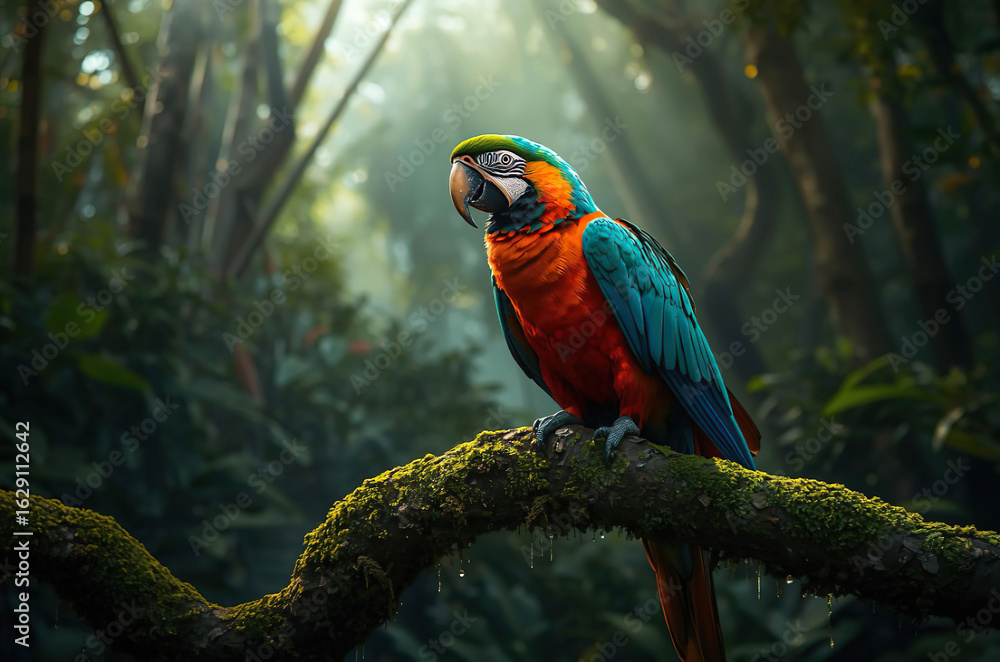 Obraz premium Close Up of Colorful Macaw on Mossy Tree Branch in Wild Forest with Fresh Morning Light 