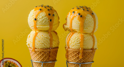 Passion Fruit Ice Cream, Double Scoop Cone, Tropical Dessert, Yellow Background, Sweet Treat, Summer Food, Gourmet Ice Cream, Fruity Flavor