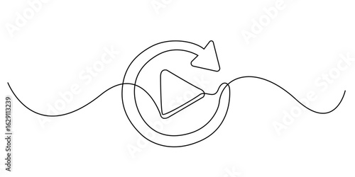 continuous line illustration of a replay icon. The looping arrow around the play button symbolizes repetition, refresh, or media playback in a clean and minimal style.