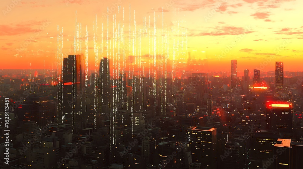 Fototapeta premium Futuristic cityscape sunset view