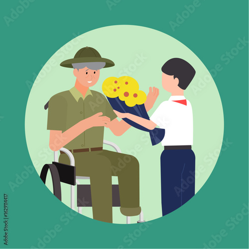 Child honoring Vietnamese veteran with bouquet in tribute