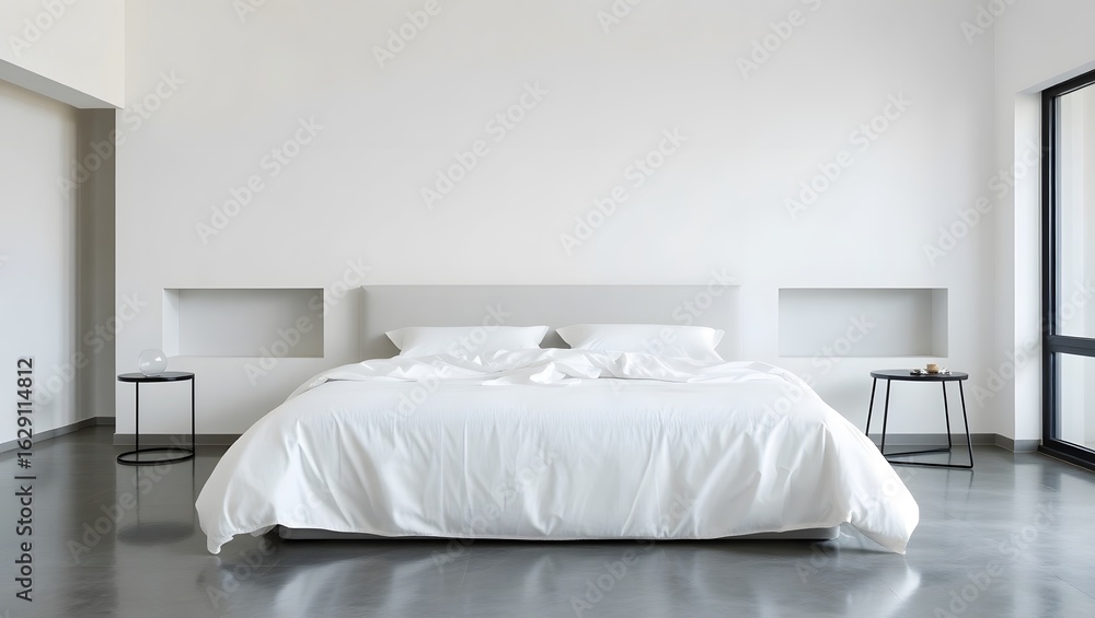 Fototapeta premium Luxurious hotel bedroom interior with a comfortable bed, soft pillows, and stylish decor