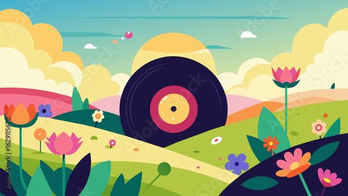 A colorful spring scene with wildflowers blooming and a record spinning in a field the music matching the cheerful and lively atmosphere. Vector illustration