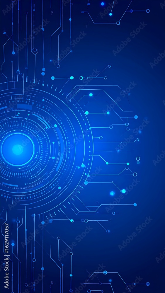 Obraz premium Abstract digital circuitry design; glowing blue concentric circles and lines on dark blue background