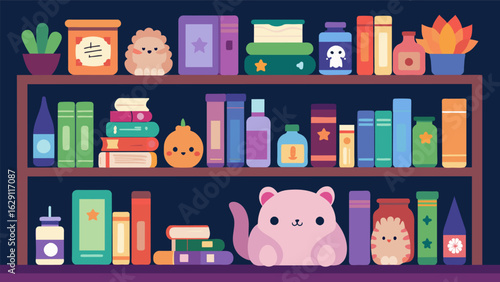 A bookshelf lines one wall filled with fairy tale books fluffy stuffed animals and jars of scented candles and lotions..