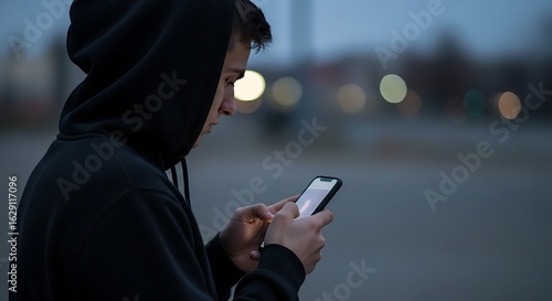 A young man in a black hoodie uses his smartphone outdoors at dusk with bokeh lights