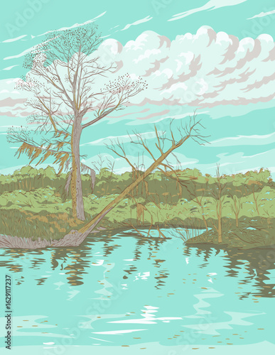 WPA style ukiyo-e or ukiyo illustration of Barataria Preserve near New Orleans on the Mississippi River in Jean Lafitte National Historical Park USA done in retro works project administration style.